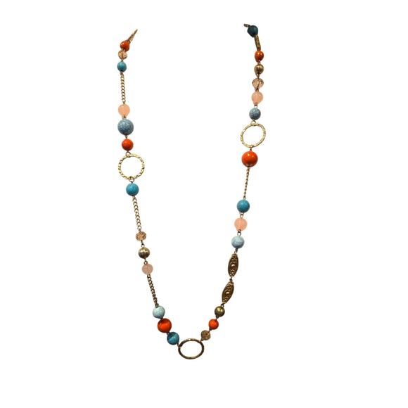 Light Colored Simulated Stones Necklace Acrylic Beads Matte Gold Tone 34" - 36" - Picture 2 of 10